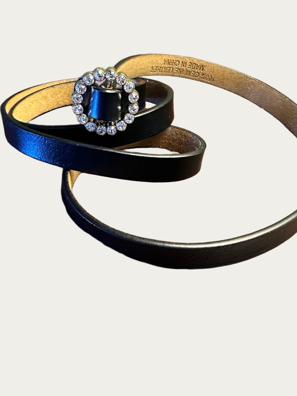 Black Leather Belt with Rhinestone Circle Buckle